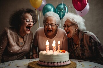 Wall Mural - Group of seniors celebrating a birthday in a nursing home