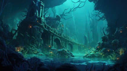 Wall Mural - Coral City Ruins, Illustrate the remains of an ancient city submerged beneath the ocean game art