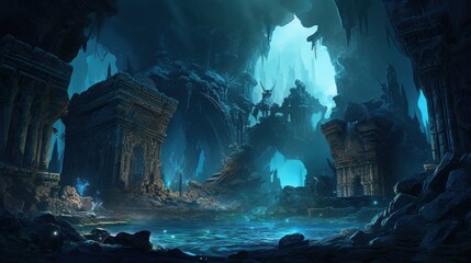 Wall Mural - Coral City Ruins, Illustrate the remains of an ancient city submerged beneath the ocean game art