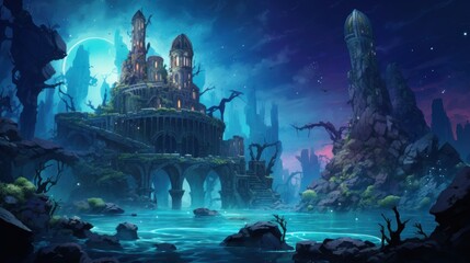 Wall Mural - Coral City Ruins, Illustrate the remains of an ancient city submerged beneath the ocean game art