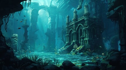 Wall Mural - Coral City Ruins, Illustrate the remains of an ancient city submerged beneath the ocean game art