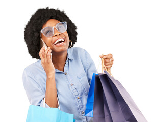 Poster - Woman, phone call and shopping bag for fashion sale, discount or funny communication in sunglasses. Excited african person or customer for gift and mobile chat isolated not transparent png background