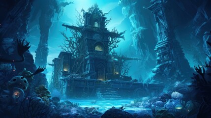 Wall Mural - Coral City Ruins, Illustrate the remains of an ancient city submerged beneath the ocean game art