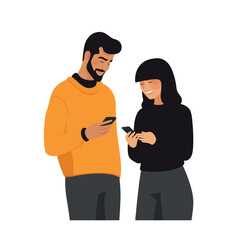 Wall Mural - couple looking at smartphone vector flat isolated illustration