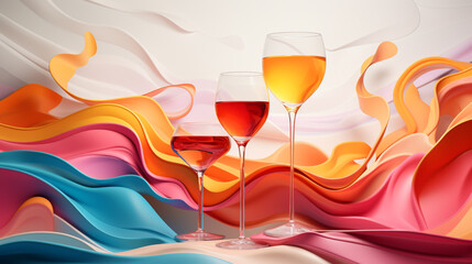 Wall Mural - beautiful stylish abstract background with three glasses of wine against colorful waves. Generative Ai. 