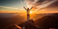 Successful Women Have Attained Peaks Of Personal Growth And Development. Woman On Top Of The Mountain With Arms Open To A Welcoming New Day With Sunrise Success. Generative AI.