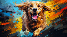Golden Retriever Dog Running Illustration Vector In Abstract Mixed Grunge Colors Digital Painting In Minimal Graphic Art Style. Very Cute Small Dog. Digital Illustration Generative AI.