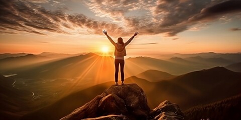 Successful women have attained peaks of personal growth and development. Woman on top of the mountain with arms open to a welcoming new day with sunrise success. AI generative