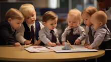 The Picture Captures A Group Of Adorable Babies Gathered Around A Tiny Conference Table, Each Holding A Toy Notepad And Pen, Engaged In A Pretend Team Meeting.