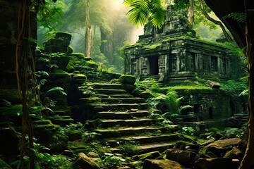 lost in the jungle: ancient mayan temple ruins in a lush clearing. enchanting forest landscape with 