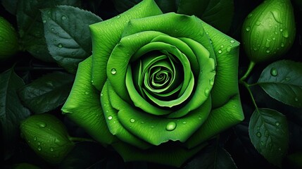 Wall Mural -  a green rose with water droplets on it's petals.  generative ai