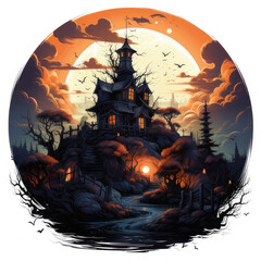 A cute and playful halloween haunted house t-shirt design with a cartoonish haunted house featuring friendly ghosts, bats, and pumpkins, Generative Ai