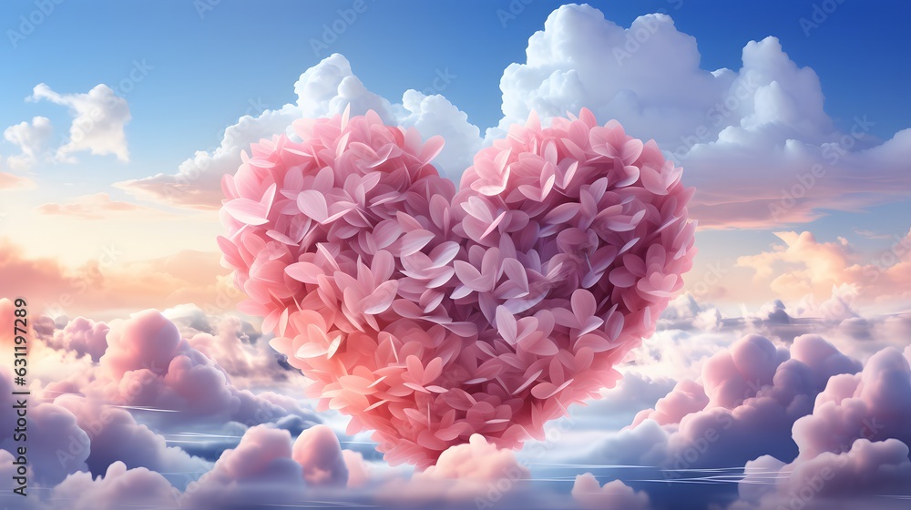 Heart shape made of pink flowers against blue sky with clouds 3d Stock ...