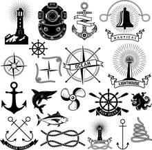 Vector Pack Of Nautical Elements. Rope Swirls, Logos And Badges