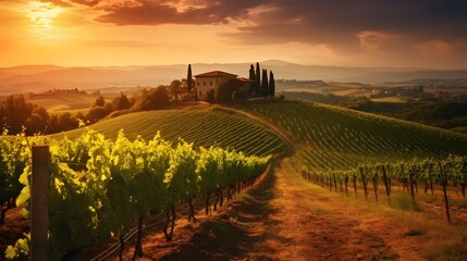 Wall Mural - Vineyeard in Chianti, Tuscany, Italy. Ripe wine grapes on vines in Tuscany, Italy. Wine farm, sunset warm light.