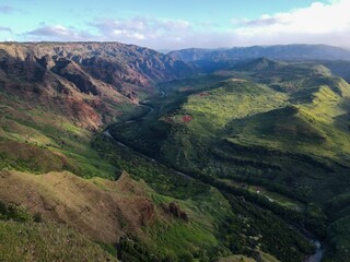 Sticker - Aerial view of green mountains in Waimea Canyon State Park in Kauai County, Hawaii