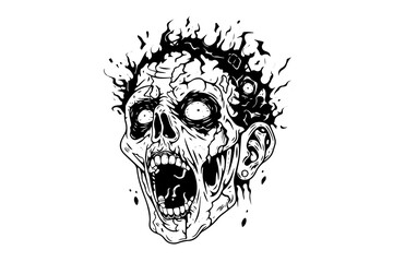 Sticker - Zombie head or face ink sketch. Walking dead hand drawing vector illustration.