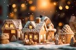 Christmas gingerbread houses on wooden table with bokeh background.. Pastries in the form of houses. Festive scene with holiday pastries. Christmas and New Year background.