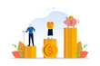 Concept of retirement savings, insurance pension, funded pension, investment. Elderly, retired couple standing beside piggy bank and coins. Vector illustration in flat design on white background.