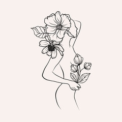 Wall Mural - Floral woman body with flowers, leaves bouquets line art sketch. One black line art female figure with floral arrangement. Vector illustration in outline simple style