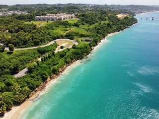 Wall Mural - Tranquil beach scene featuring a sandy shoreline edged with lush greenery in Puerto Rico.