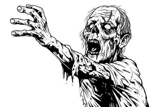 Zombie pulls his arm  ink sketch. Walking dead hand drawing vector illustration.