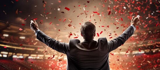 success motivation encourage power support attractive powerful male speaker hand riseup cheering all people in convetion hall to stay strong together with golden glitter confetti paper ,ai generate