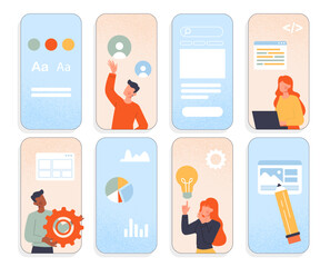 Wall Mural - mobile app development set. men and women work on common project, develop program and software. prog