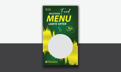 Wall Mural - Food instagram story post template design. Suitable for Social Media Post Restaurant and culinary Promotion. Set of Editable sale banners with green background color with stripe line shape vector.