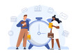 People with time management concept. Man and woman with documents standing near large clocks. Deadline and goal setting. Organization of effective workflow. Cartoon flat vector illustration
