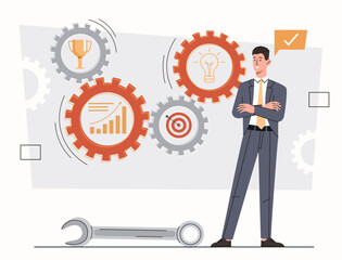 Concept of process concept. Businessman in suit at background of coghweels and gears. Automation and production. Organization of effective workflow. Cartoon flat vector illustration