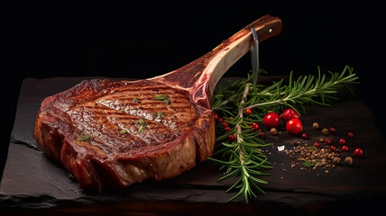 Wall Mural - Juicy grilled veal steak. On a dark background. Meat and spices.