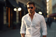© Ai Studio - Handsome, stylish hipster lambersexual model in white shirt and trousers. Fashionable man posing on street background in European city at sunset, wearing sunglasses.