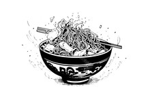 Ramen Noodle Japanese Food Vector Engraving Style Illustration. Ink Sketch Logo Or Menu Concept.