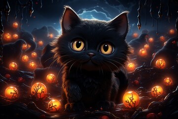 Wall Mural - Cute cartoon black kitten with big yellow eyes. Halloween illustration Generative AI