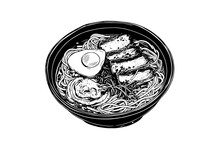 Ramen Noodle Japanese Food Vector Engraving Style Illustration. Ink Sketch Logo Or Menu Concept.