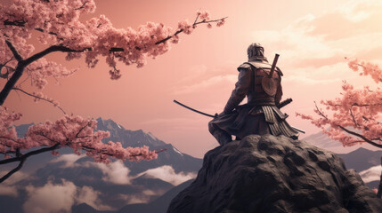 Samurai on top of mountain with sakura tree