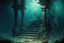 Ruins From Ancient Stone Steps Under Water 