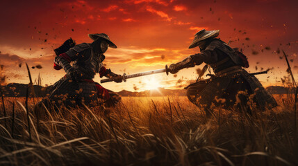 The battle of two samurai in a meadow under the sunset