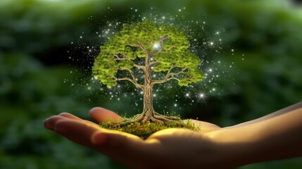 Wall Mural - symbolic magic green tree in a human hand on blurred background. respect for nature, sustainable ene