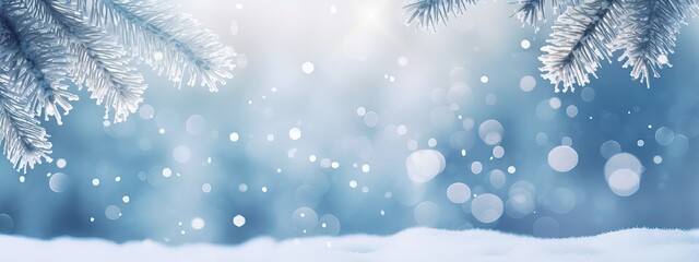 Wall Mural - Beautiful winter background image of frosted spruce branches and small drifts of pure snow with bokeh Christmas lights and space for text