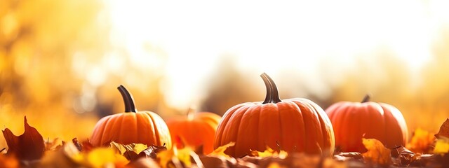 Wall Mural - Defocused colorful bright autumn ultra wide panoramic background with blurry pumpkins and falling autumn leaves in the park. Border of orange pumpkins on a sunny day.