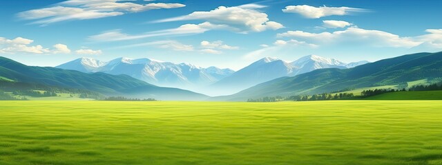 Canvas Print - Panoramic natural landscape with green grass field, blue sky with clouds and and mountains in background. Panorama summer spring meadow. Shallow depth of field