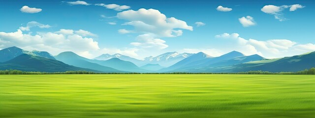 Canvas Print - Panoramic natural landscape with green grass field, blue sky with clouds and and mountains in background. Panorama summer spring meadow. Shallow depth of field