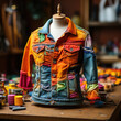 Colorful jacket  from upcycled denim patches. Scrappy Quilt patch work fabric textile. 