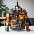 Trendy jacket  from up-cycled denim cloth patches. 