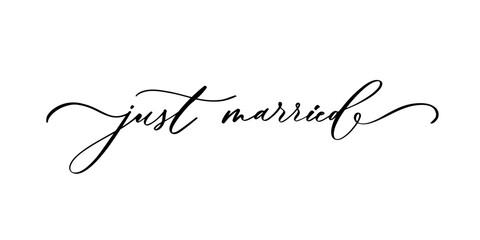 Wall Mural - JUST MARRIED hand lettering, vector illustration. Hand drawn lettering card background. Modern handmade calligraphy. Hand drawn lettering element for your design.
