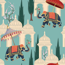 Indian Elephants With Umbrella And Architecture Seamless Pattern. Garden Wallpaper. 