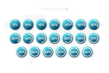 Wall Mural - 5 10 15 20 25 30 35 40 45 50 55 60 65 70 75 80 85 90 95 100 percent pie chart set. Circle diagrams. Vector percentage set for download, infographic, progress, business, finance, report