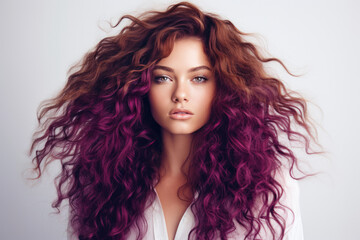 Woman With Purple Curly Long Hair On White Background